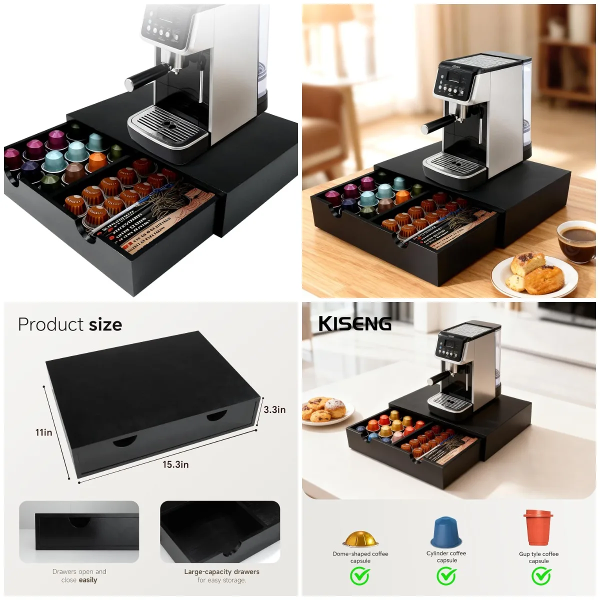 

Natural Wood Coffee Pod Organizer Drawer, 15' x 11' x 3', Black Countertop Storage for Espresso & Tea Bags