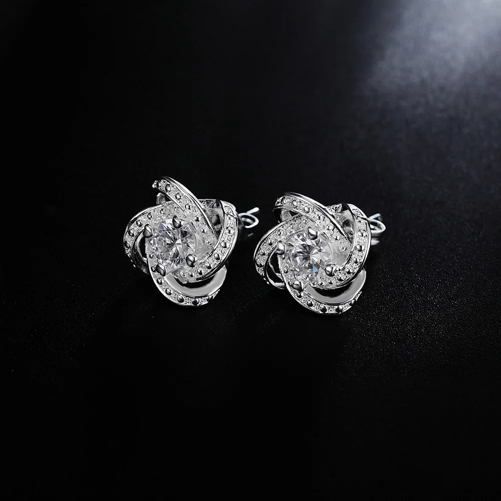 

925 Sterling Silver Stud Earrings for Women Fashion Party Jewelry Christmas Gifts Shiny Crystal Ear Studs Wedding