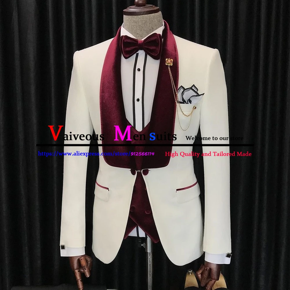 Customized Sets Slim Fit Men Suits Burgundy Velvet Shawl Lapel Groom Wedding Tuxedos 3 Pieces Terno Masculino Groomsmen Suit