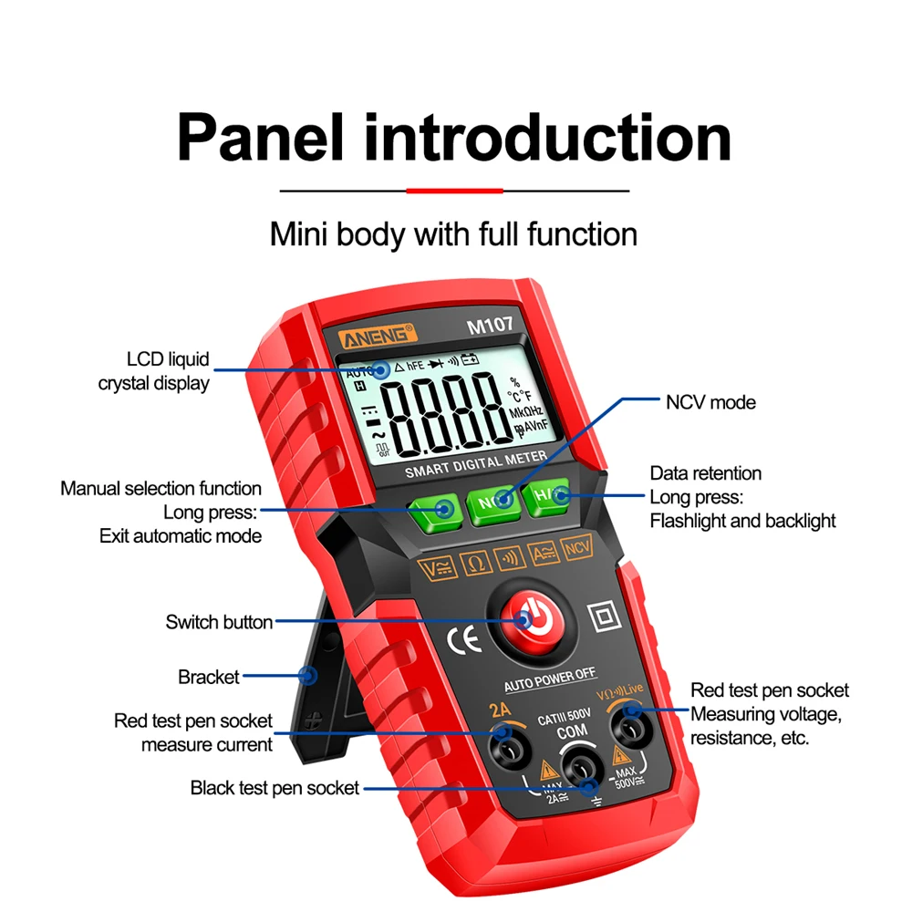 ANENG M107 M108 Mini Digital Multimeter 4000 Counts Non Contact AC/DC Current Voltage Tester Resistance Capacitance Meter