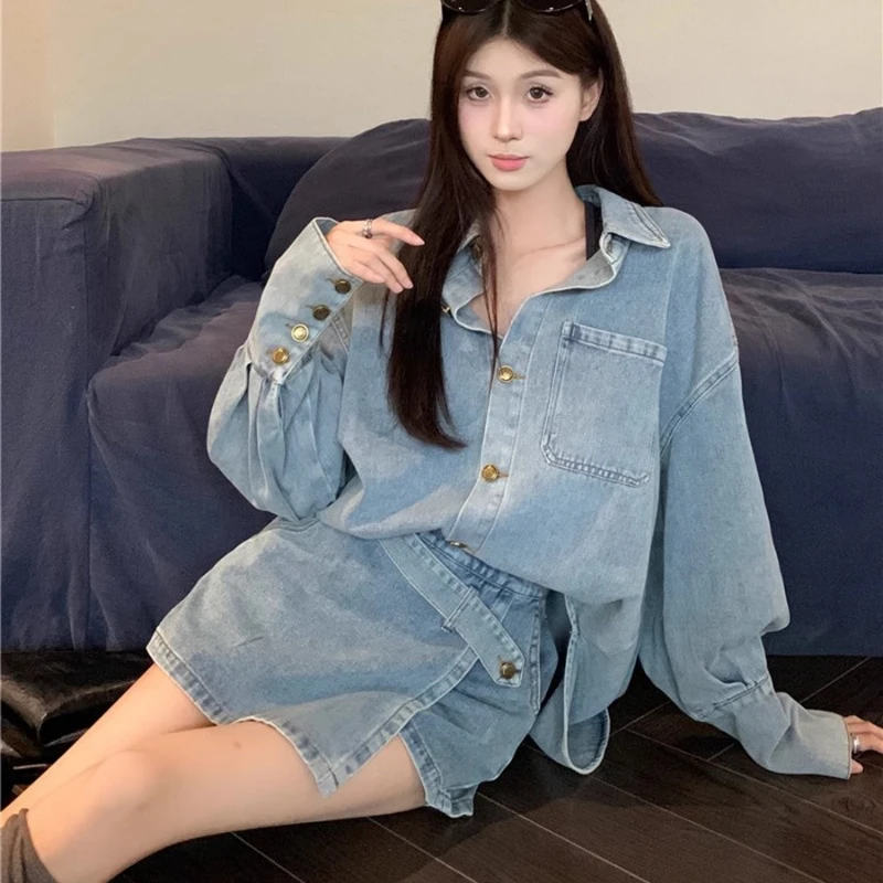 Neploe Vintage Long Sleeve Denim Shirts Women+ Y2k Irregular High Waist Skirts Two Piece Sets 2024 Spring New Two Piece Sets