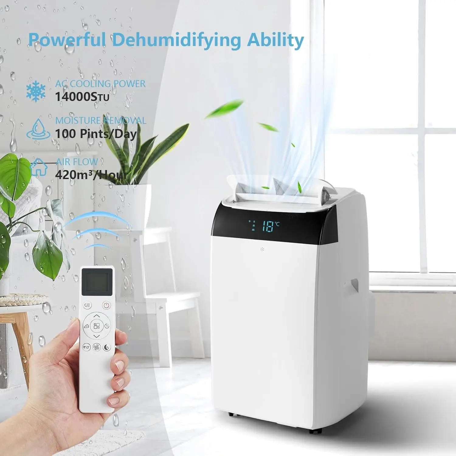 Tacleekii 14000 BTU Portable Air Conditioner 3-in-1 Free Standing Cooling AC Unit Fan Dehumidifier Cools up 750 Sq. Ft 24H Timer Window Kit for Bedroom Office