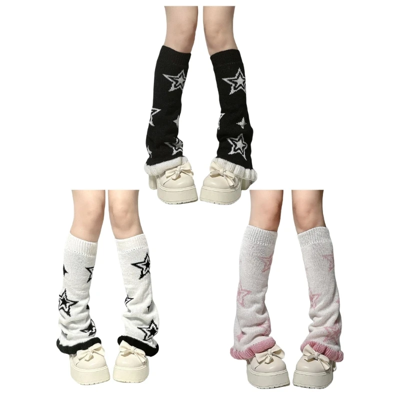 

Women Aesthetic Star Pattern Leg Warmers Japanese Punk Knitted Long Socks Ruffle Trim Flared Foot Covers Leg Sleeves Streetwear