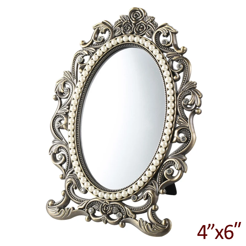 

European Antique Bronze With White Pearls And Clear Crystals Jeweled Rose Flower Design 4x6 Inches Oval Metal Tabletop Mirror
