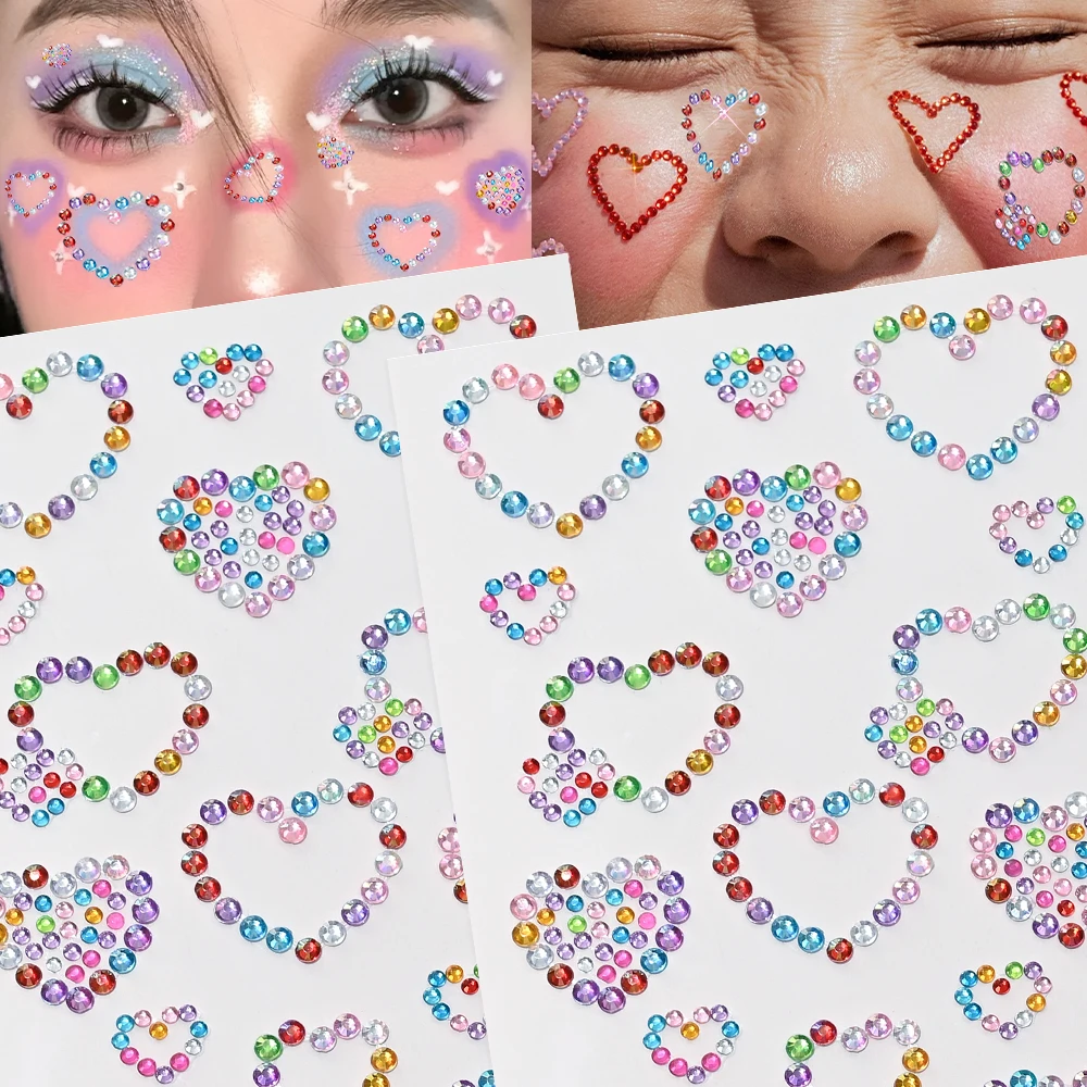 

3D Face Aurora Crystal Diamond Colorful Love-Hearts Tattoo Stickers DIY Eyes Face Pearl Rhinestones Festival Heart Face Stickers