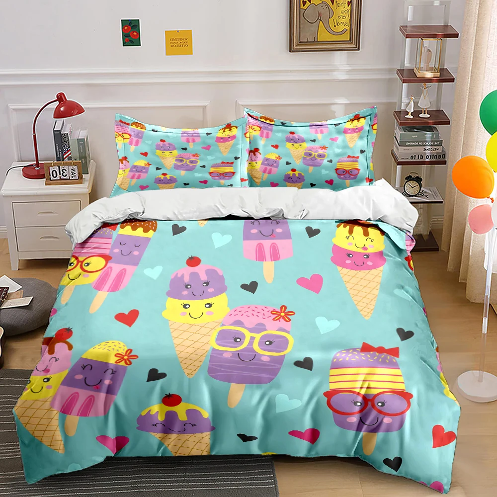 

Cute ice cream cartoon Pattern Duvet Cover Set Digital Print Colorful Polyester Bedding with Zipper Closur for kids gifts