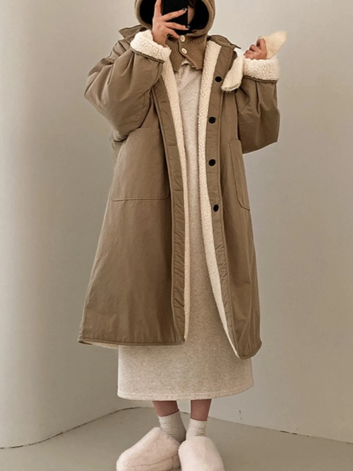 Women's Thickened Lamb Fur Coat Buttoned Long Korean Style Cotton Jacket Double Sided Wearable Warm And Stylish Outerwear
