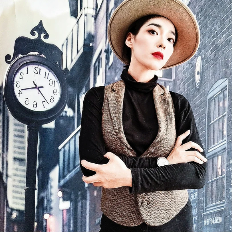 Women's Suit Vest Retro Tweed Waistcoat Wool Slim Fit Warm Vest Business Work Jacket chaleco mujer