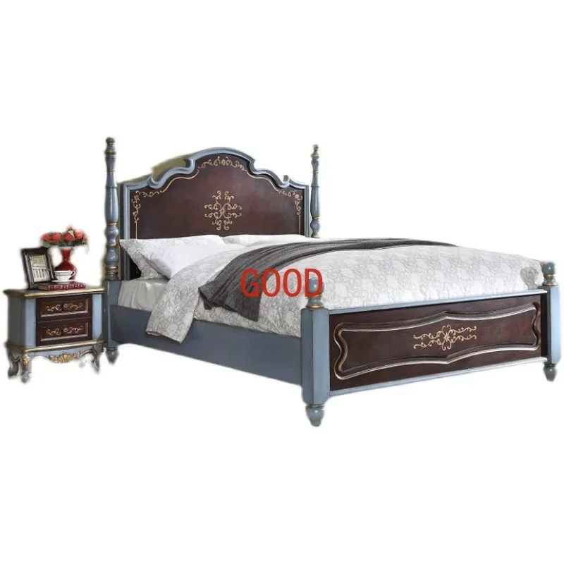 Solid Wood Double Bed European Style Upscale Retro Painted Furniture