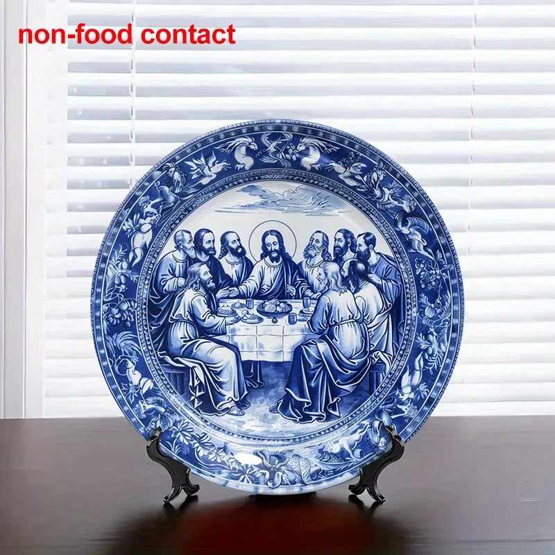 1 unidade de Prato Decorativo de Cerâmica Redondo de 8 Polegadas para Pendurar na Parede, Design Vintage Azul e Branco da Última Ceia de Jesus, Prato Decorativo para Casa