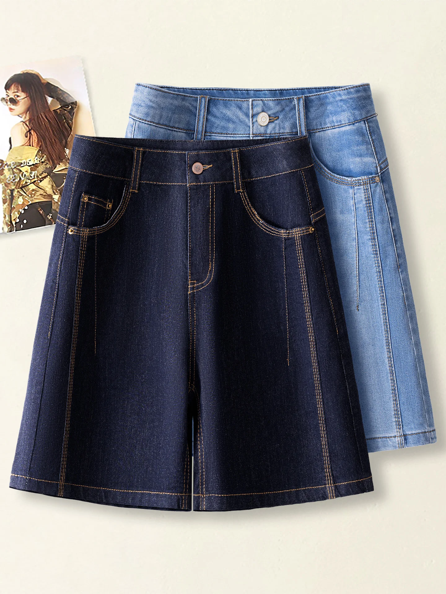 

Summer Thin Denim Blue Women's Short Pants High Waist A-Line Wide Leg Five-Quarter Casual Comfortable Breathable Wearable Shorts