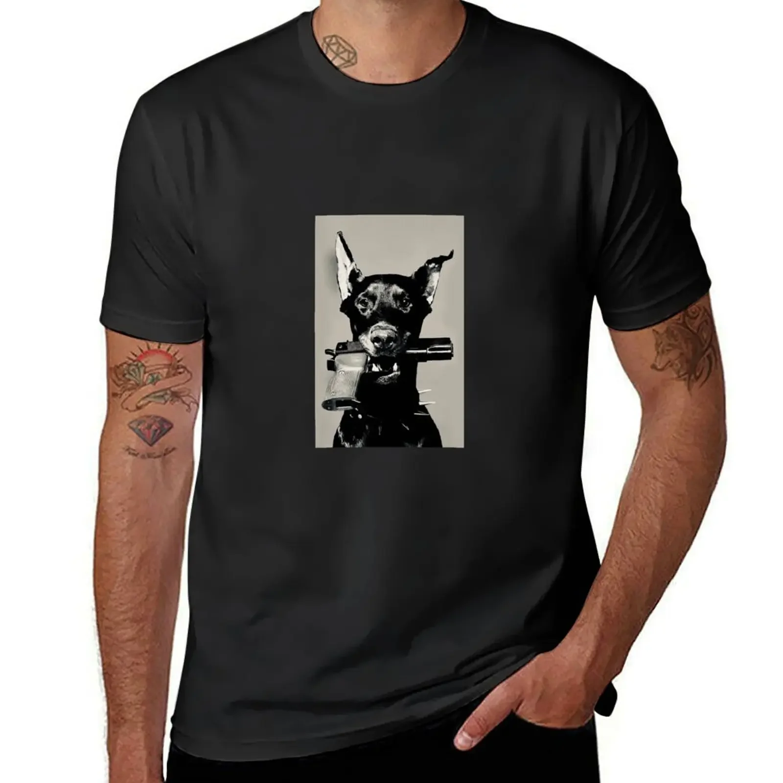 funnys quick drying shirts graphic tees Blouse mens clothing Doberman holding pistol T-Shirt  anime tshirt  COTTON 2024