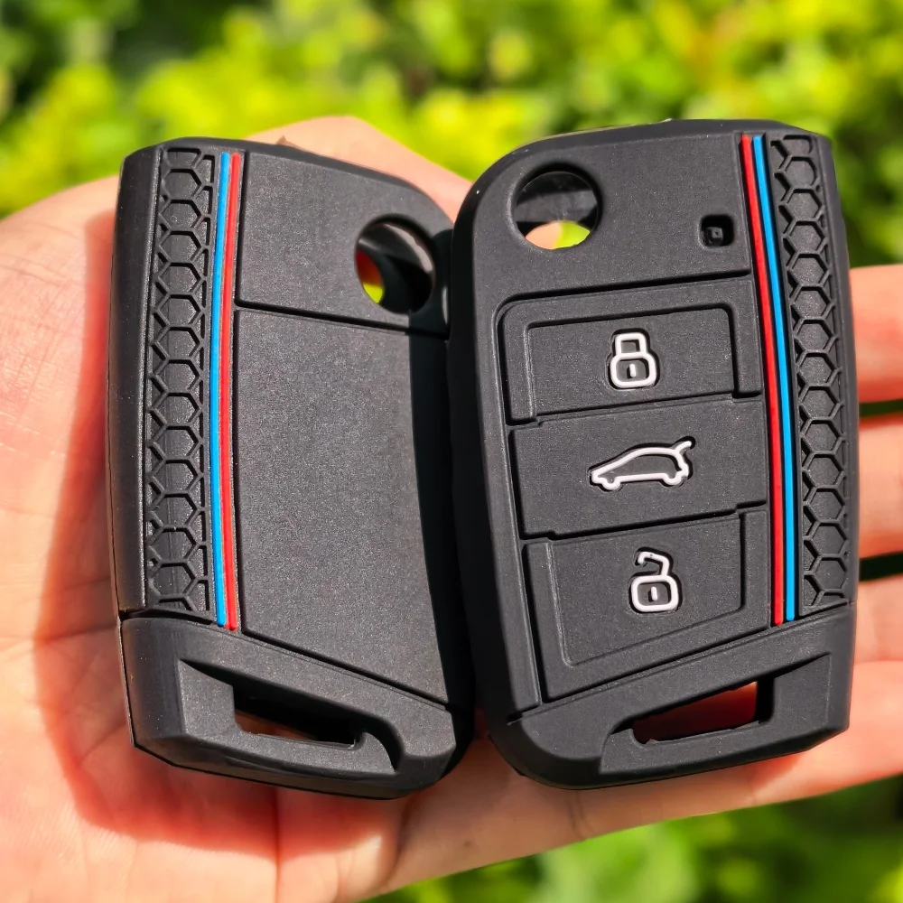 Silicone Car Key Cover Cap Fit For VW Golf 7 Mk3 Lion Polo T-cross Folding Case For Seat Toledo IV Ateca For Skoda A7 Rapid 2021