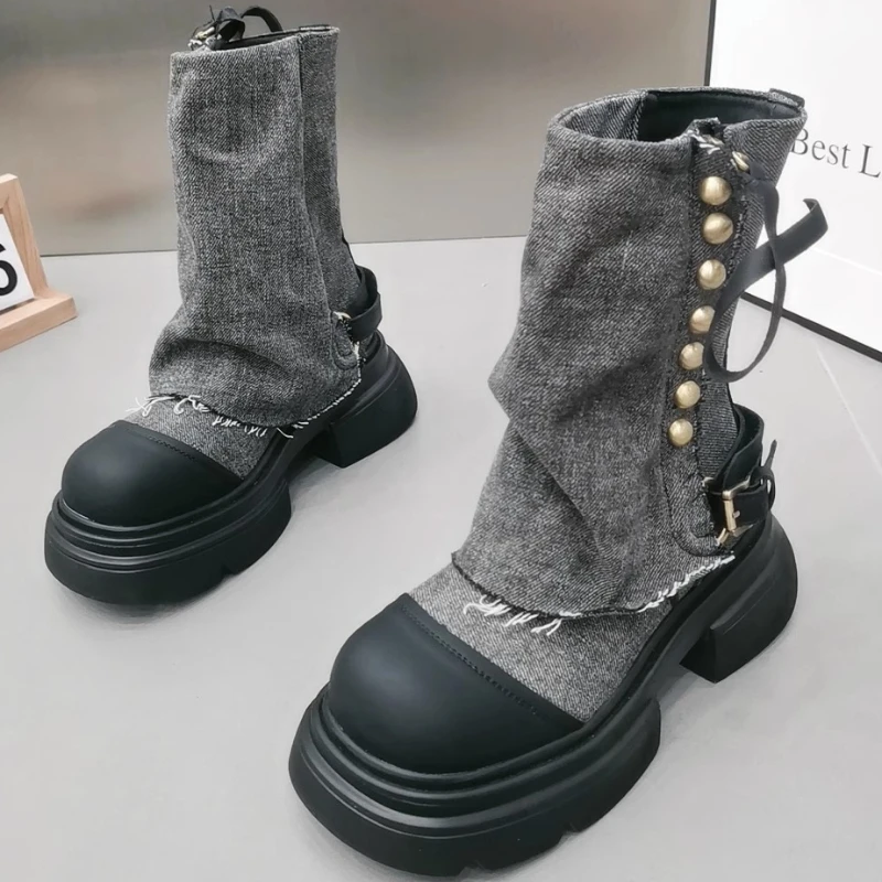 Women Flats Ankle Cowboy Chelsea Boots Winter Fad Platform Gladiator Goth Shoes 2023 New Chunky Motorcycle Botas Women  Zapatos