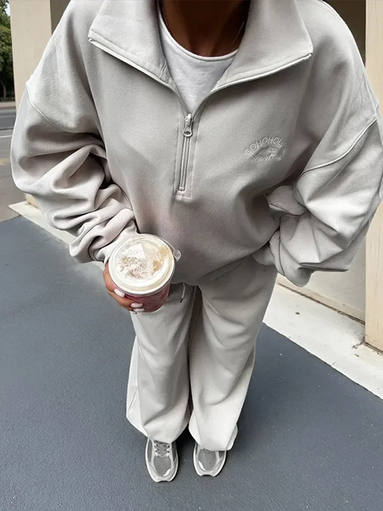 المرأة عادية الصلبة التلبيب الأعلى بدل رجالي موضة سحاب أكمام طويلة فضفاض البلوز الرباط السراويل سيدة 2025 ملابس رياضية جديد #5