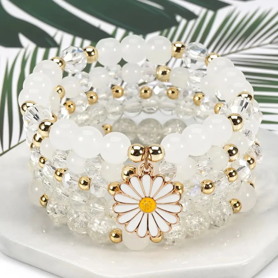 Bohemian Daisy Flower Charm Colorful Crystal Beaded Bracelet Set for Women Summer Beach Hand Jewelry Accessory Boho Wrsit Chain