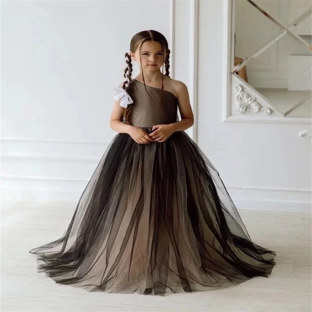 Czarna sukienka dla dziewczynki na jedno ramię, tiulowa suknia ślubna dla dziewczynki, sukienka transformująca się z koronki, sukienki na konkursy piękności dla dziewczynek, sukienka księżniczki.