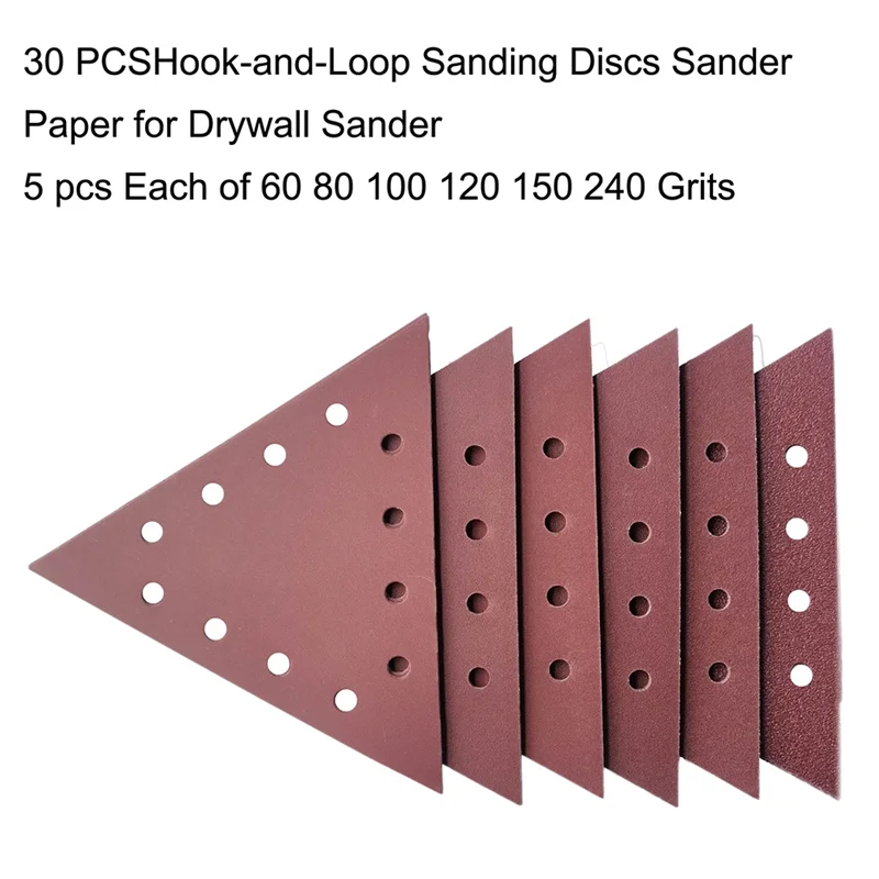 30Pieces Of 11-1/4In Hook and Loop Triangle Sandpaper for Drywall Sander - 5 Pieces Each 60 80 100 120 150 240