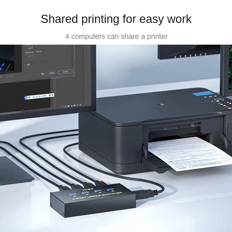 4 Port USB 2.0 Printer Sharing Switch 4 In 1 Out Selector No Power Required One-Button Switch via USB Type-B Cable Driver-Free M