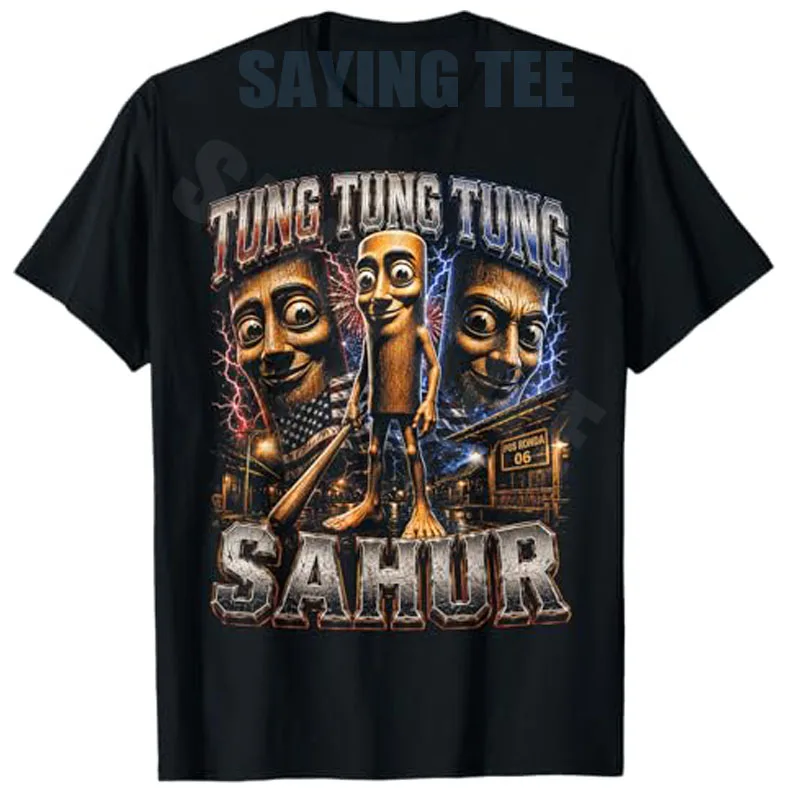 Tung-Tung-Tung Sahur Triple Face Italian Brainrot Meme T-Shirt Y2k 67 Six Seven Meme Culture Streetwear Boys Fashion Clothes Tee