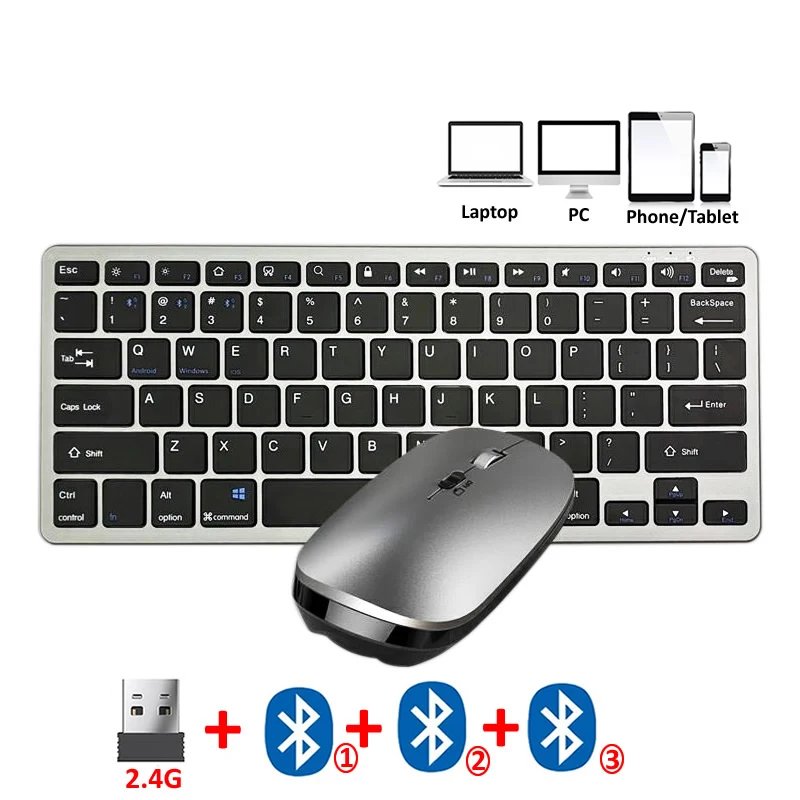 JOMAA 2.4G +Bluetooth Keyboard and Mouse Combo Multimedia Wireless Keyboard and Ergonomic Mouse Set for iPad Desktop PC Laptop