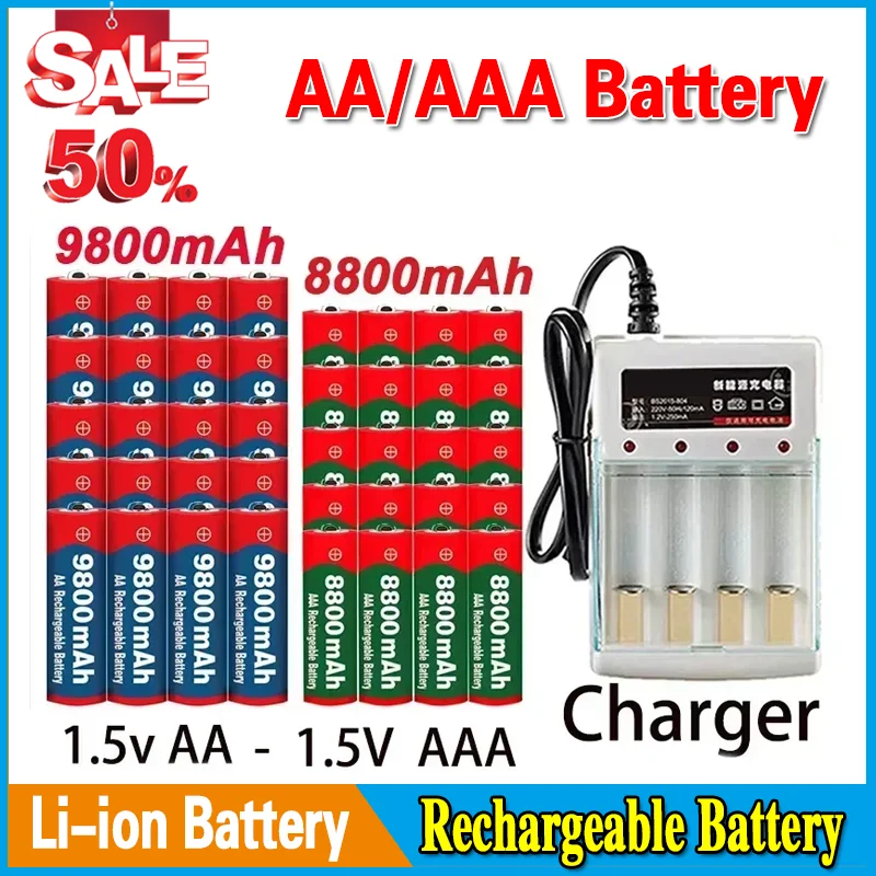 1.5V Rechargeable Battery AA 9800mAh+AAA 8800mAh Alkaline Battery for Clocks Toys Cameras Shavers+EU Charger