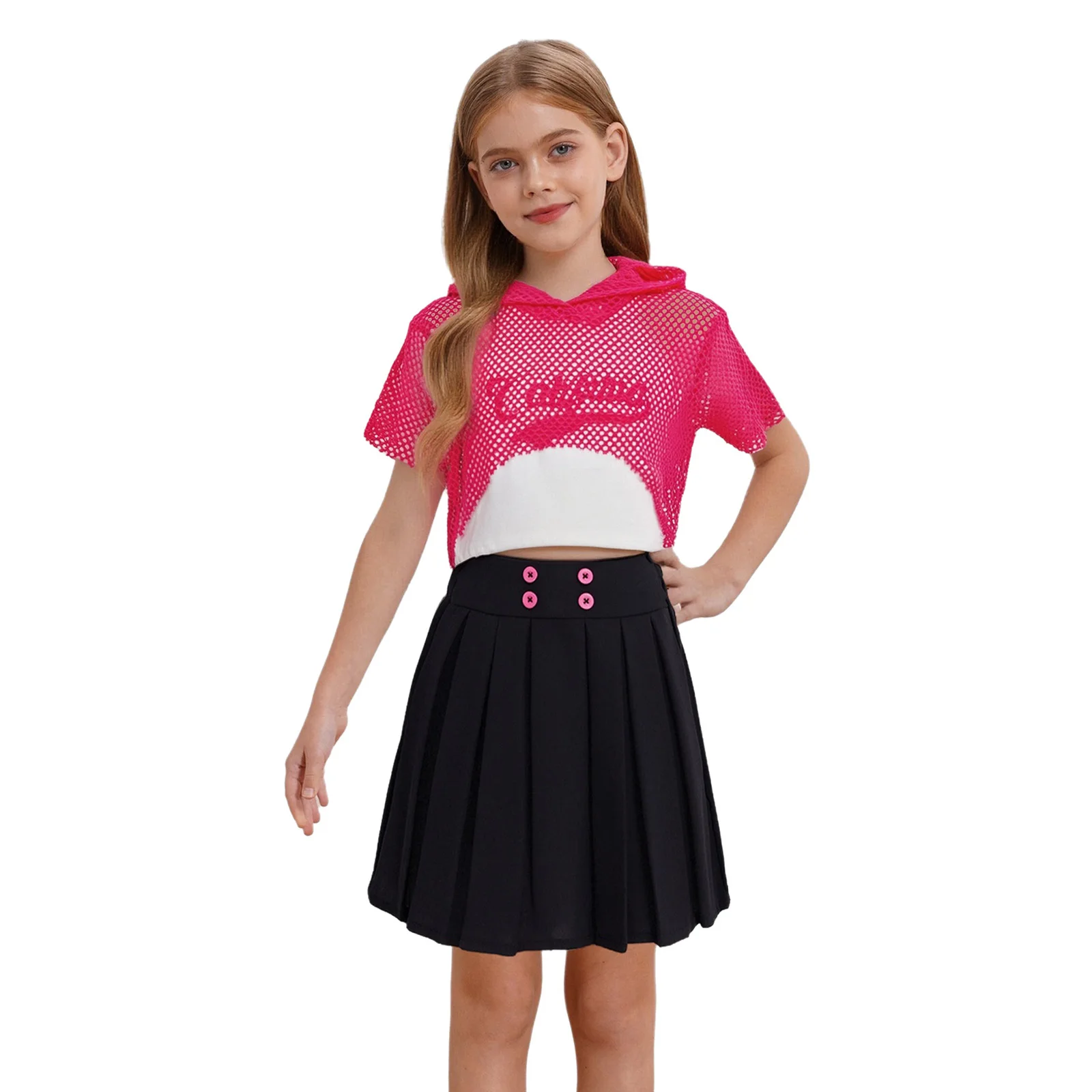 

Kids Girls Hip Hop Dance Costumes Outfit Short Sleeve Hollow Out Mesh Hoodie Top+Letter Printed Vest+Pleated Skirt Streetwear