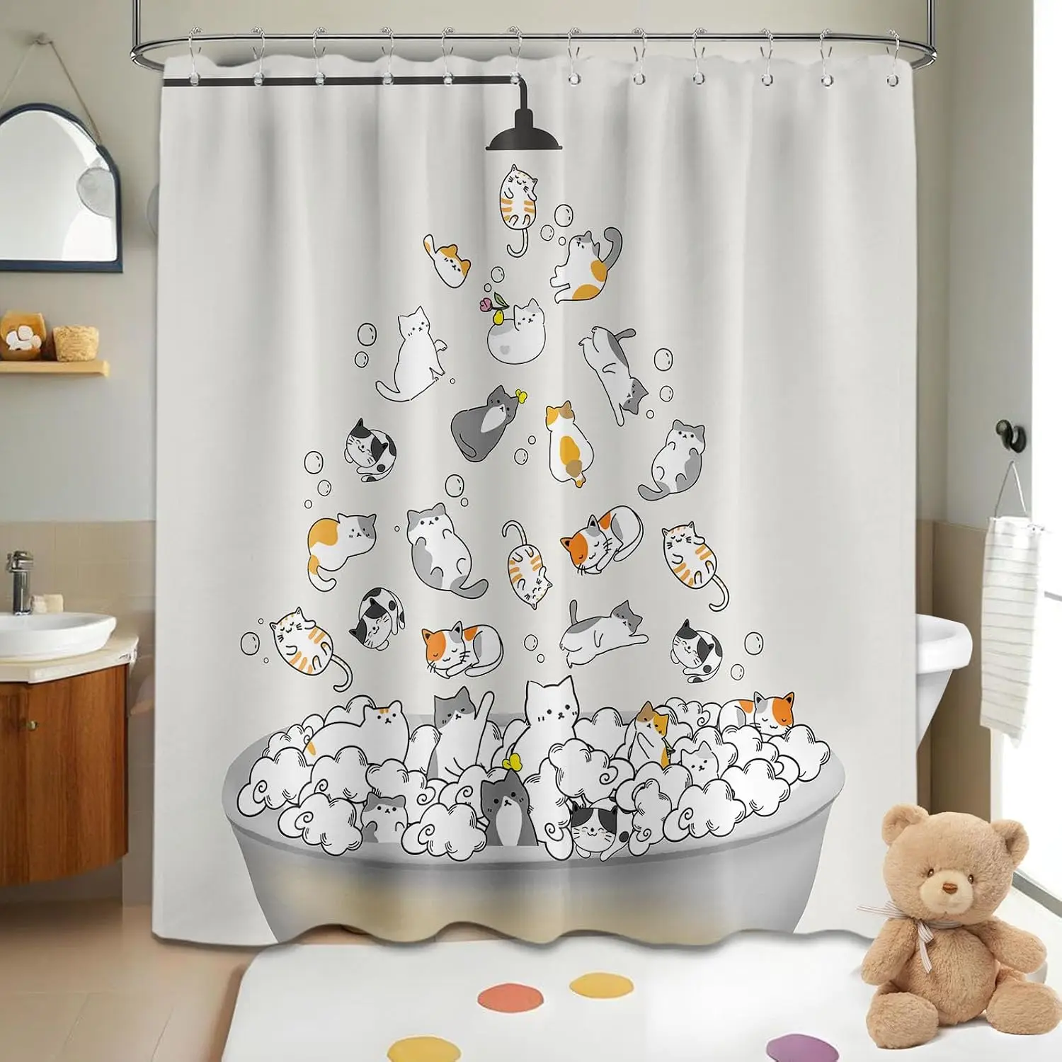 Cute Cartoon Cat Shower Curtain Waterproof Bathroom Liner Whimsical Sketch Design Line Art Cat Bath Tub Animal Home Decor Shower