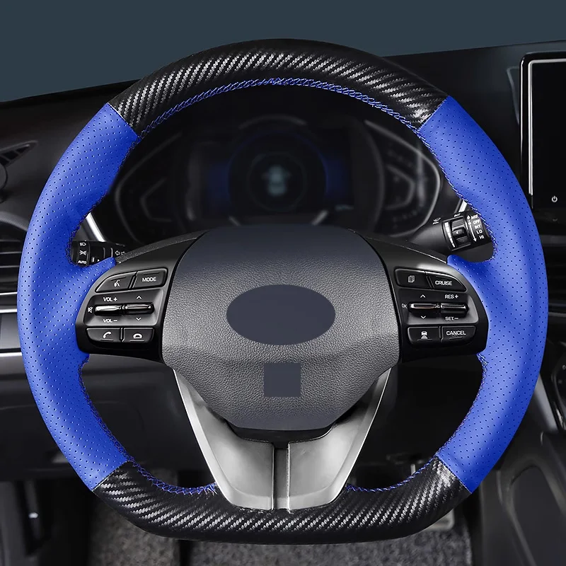 Matt Carbon Fiber with Blue Perforated Leather Hand Stitching Steering Wheel Cover Car Accessoires for Hyundai La Festa Elantra