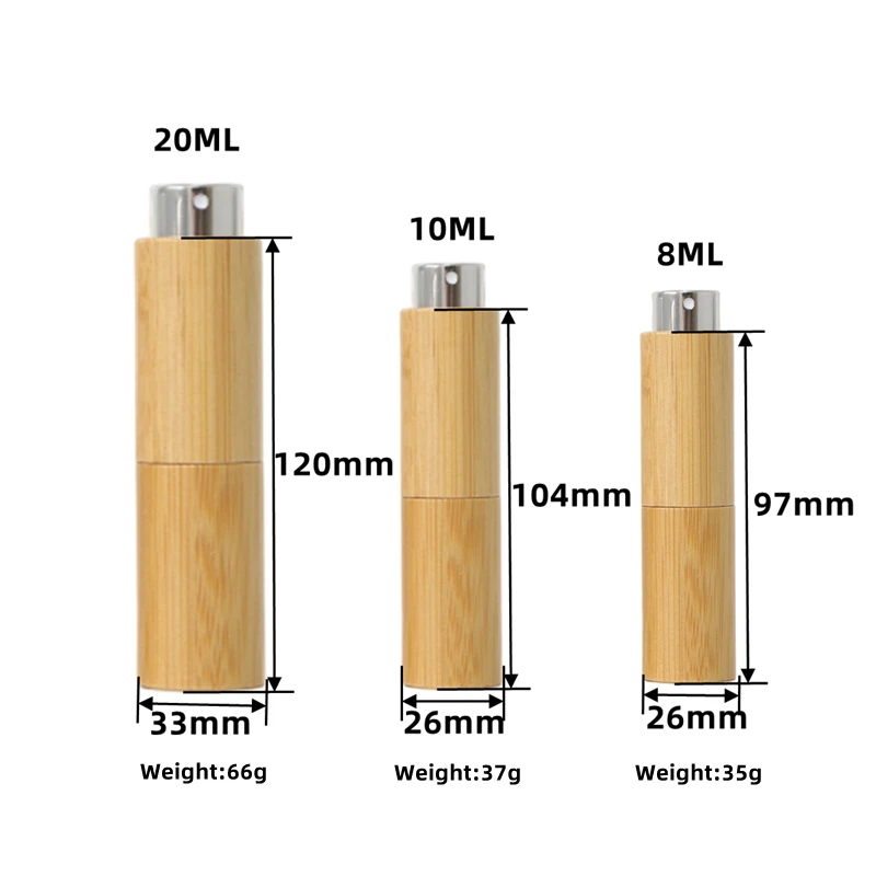 대나무 목재 고급 향수병, 금속 깍지 유리 라이너 소독제 스프레이, 빈 휴대용 로터리 서브 패키지 병, 10ml