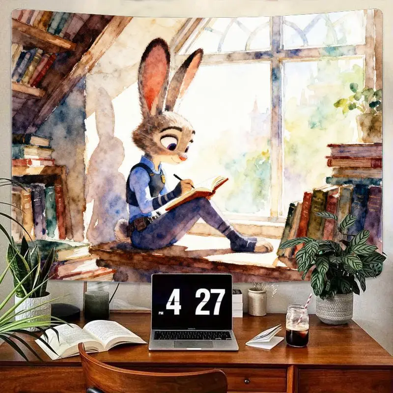 1 шт. акварельный гобелен «Зверополис Джуди Хопс», уютный кролик, читающий окном, настенное искусство, полиэстер, эстетический декор для спальни в общежитии, подарок 1 шт. акварельный гобелен «Зверополис Джуди Хопс», уютный кролик, читающий окном, настенное искусство, полиэстер, эстетический декор для спальни в общежитии, подарок