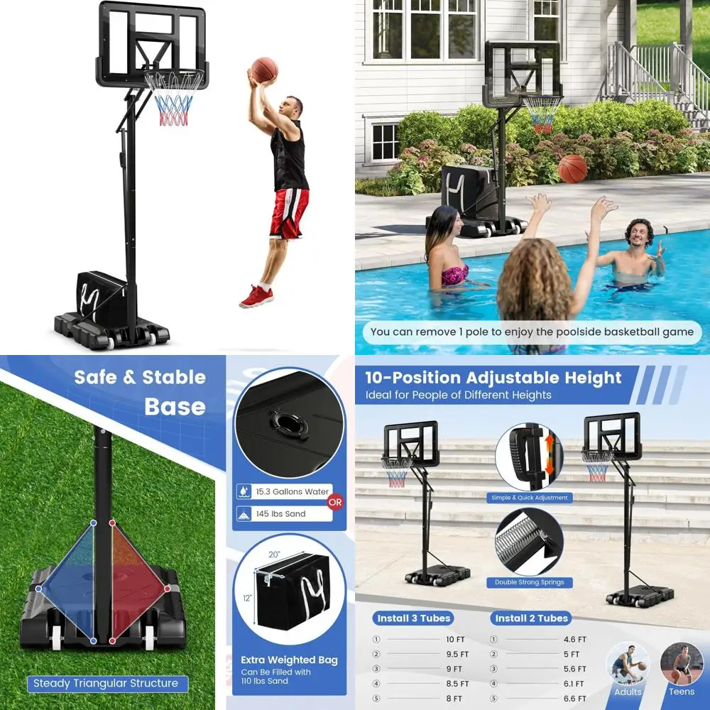 

Adjustable Height Basketball Goal 4.6-10 Ft with 44 Inch Shatterproof Backboard and 18 Inch Metal Rim for Outdoor Play