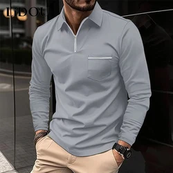 2023 Spring Autumn New Solid Color Fashion Turn-down Collar Long Sleeve Polo Shirts Man Casual Zipper Pockets All-match Pullover