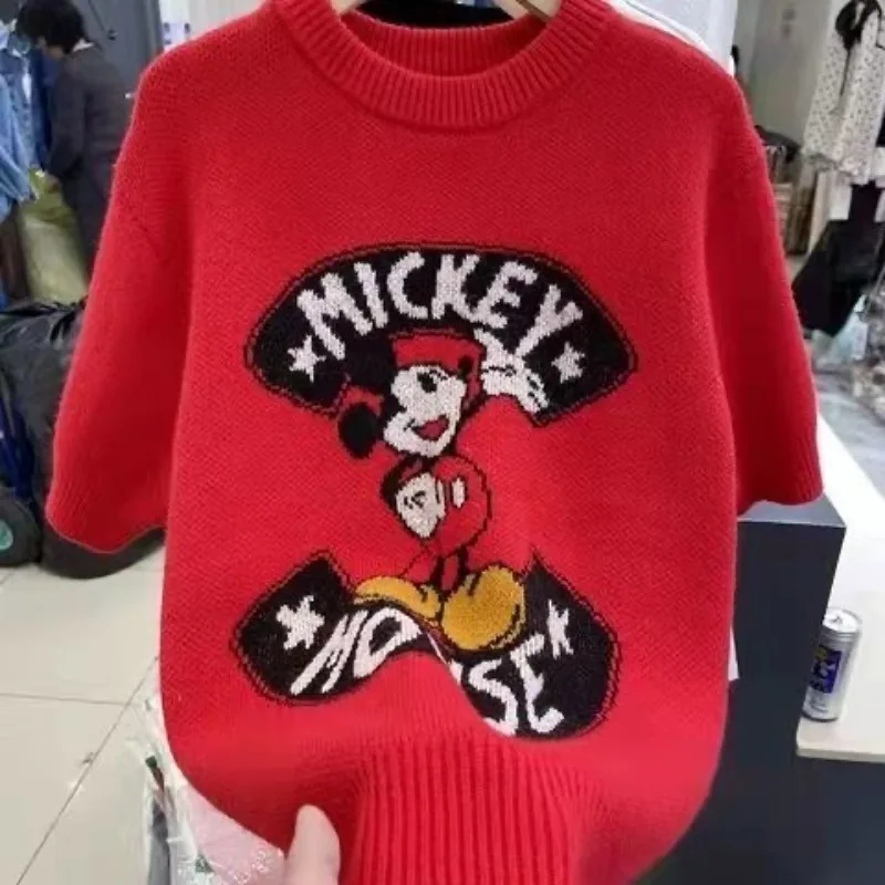 

New Mickey Knitted O-Neck Spring Autumn Short Sleeve Tops Versatile Korean Style Small Fresh Half Sleeve Sweater Pullovers Women