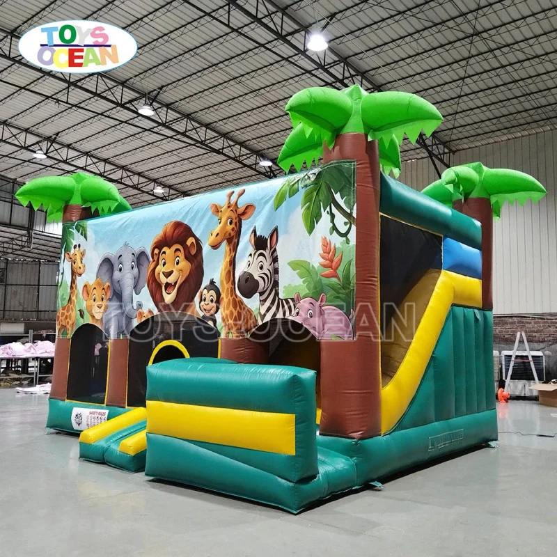 Outdoor Party Rental Inflatable Bounce House With Slide Jungle Animal Theme for Kids
