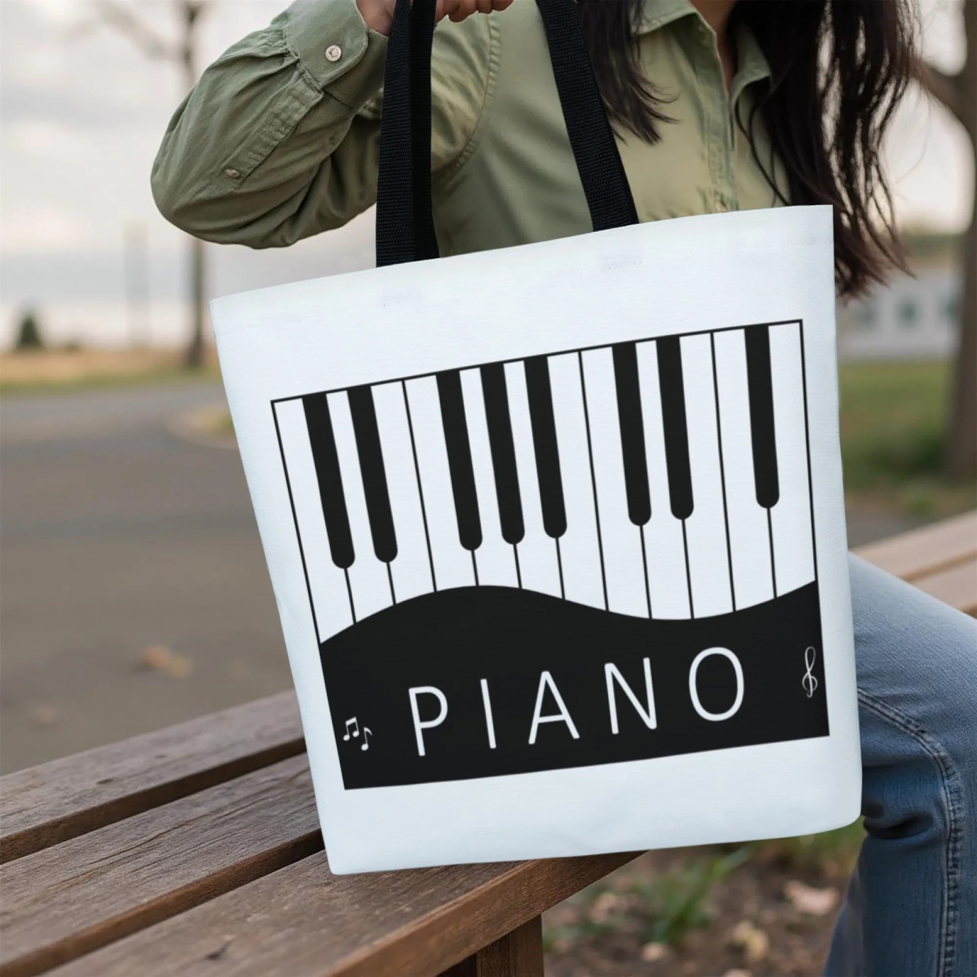 Black White Piano Keyboard Pattern Tote Bag Music Note Print Canvas Reusable Shoulder Bag Daily Shopping Bag for Music Fans