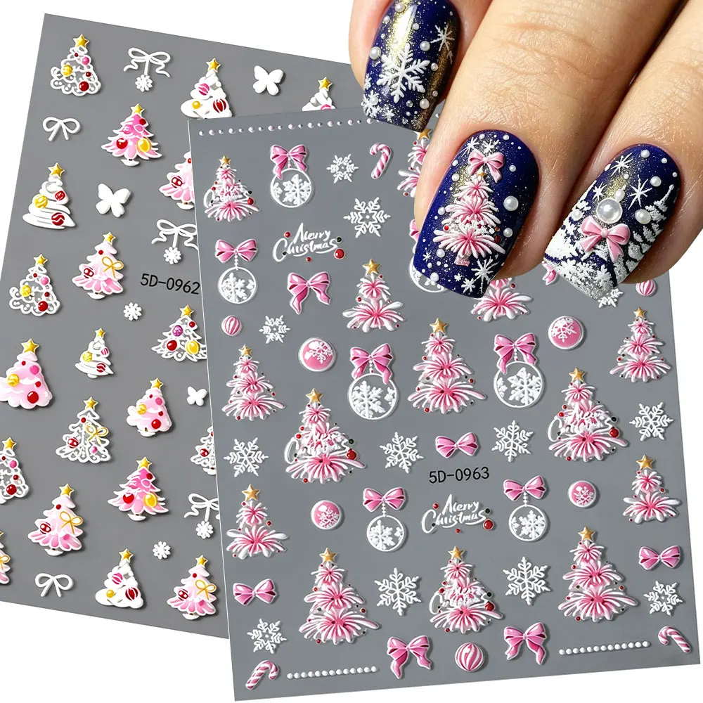 1Pcs 5D Pink Fire Work Christmas Tree Nail Stickers Cute Snow Globe Bow Snowflakes Nail Decals Self-adhesive Xmas Nail Decor 8W$