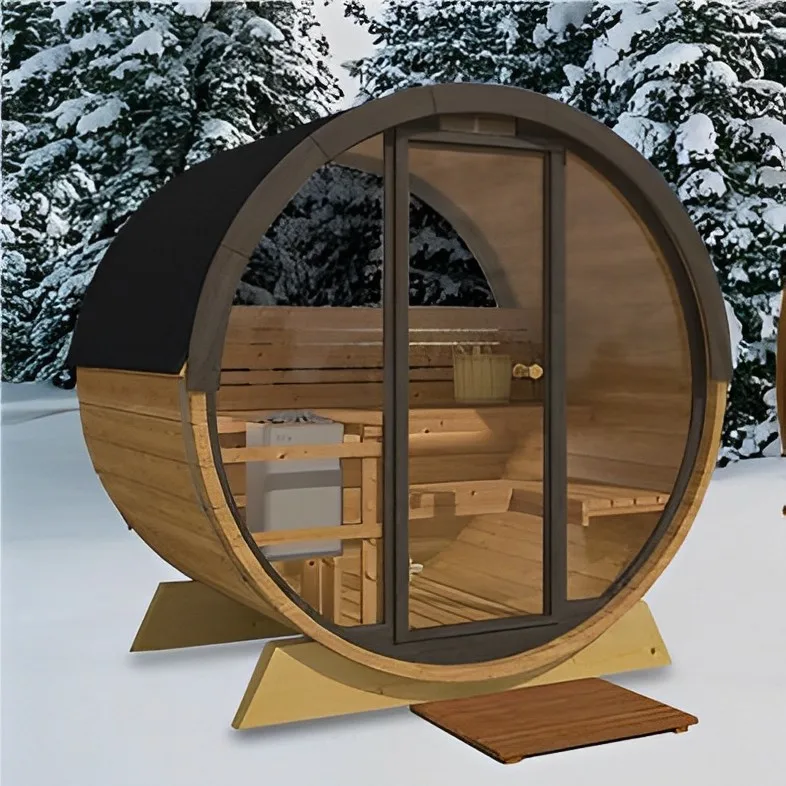 Modern 2-Person Outdoor Villa Sauna Barrel with Solid Wood Construction 6KW Electric Stove Steam Luxury Outdoor Room