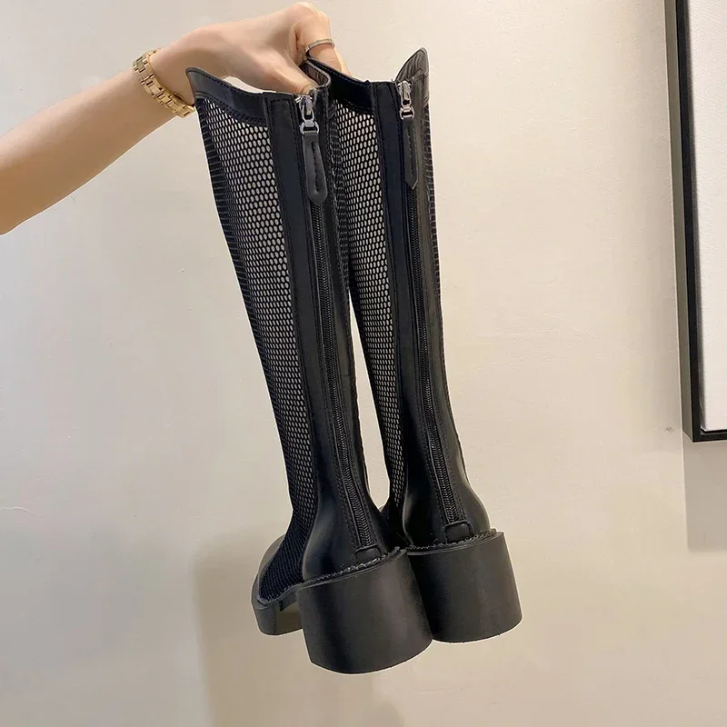 New Fashion Elegant Women\'s Boots Spring And Summer Mesh Hollow Thick Heel Retro Knee Breathable Cool