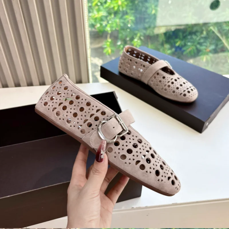 Punched Mary Jane Single Shoe Women's High Version Retro Suede Round Toe Shallow Mouth Flat Bottom Straight Hollow Ballet Shoes