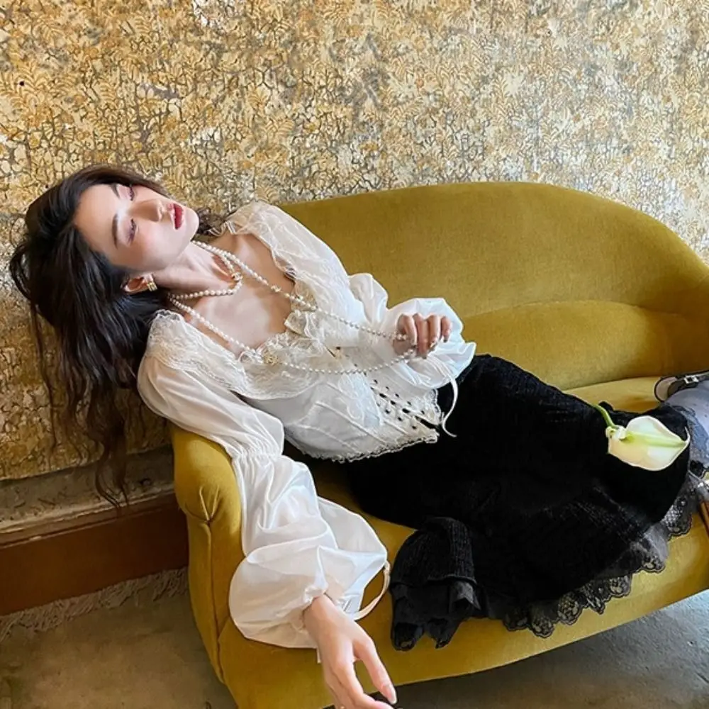 

Breathable Mesh Flounce Lace Blouse Patchwork V Hem Lace Up Blouse Tight See Through Puff Long Sleeve Shirts Party