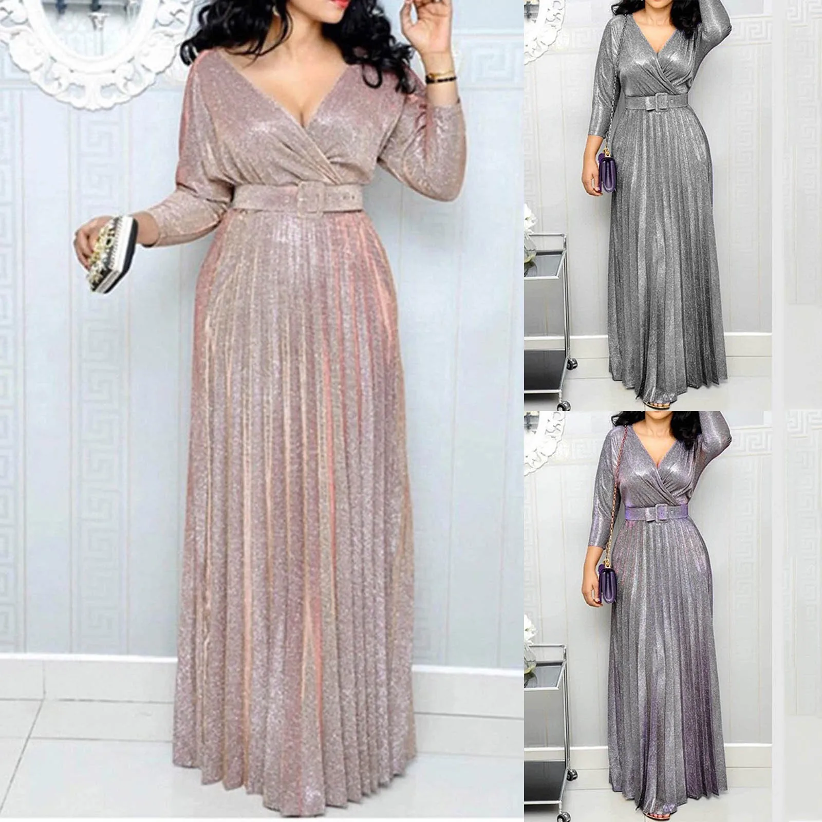 

Fashion Deep V-neck Sequin Party Dress Women's Sexy Pink Glitter Sequined Evening Cocktail Dresses Female Chic Wedding Dress