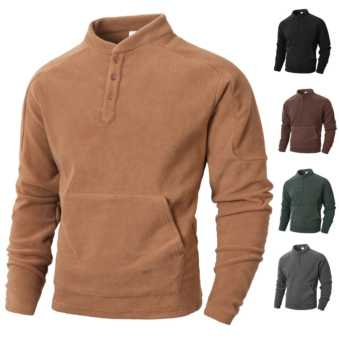 

New Autumn and Winter Men's Hoodie with Fleece Buttons, Long-sleeved Pockets, Slim Stand-up Collar, Casual and Versatile Top