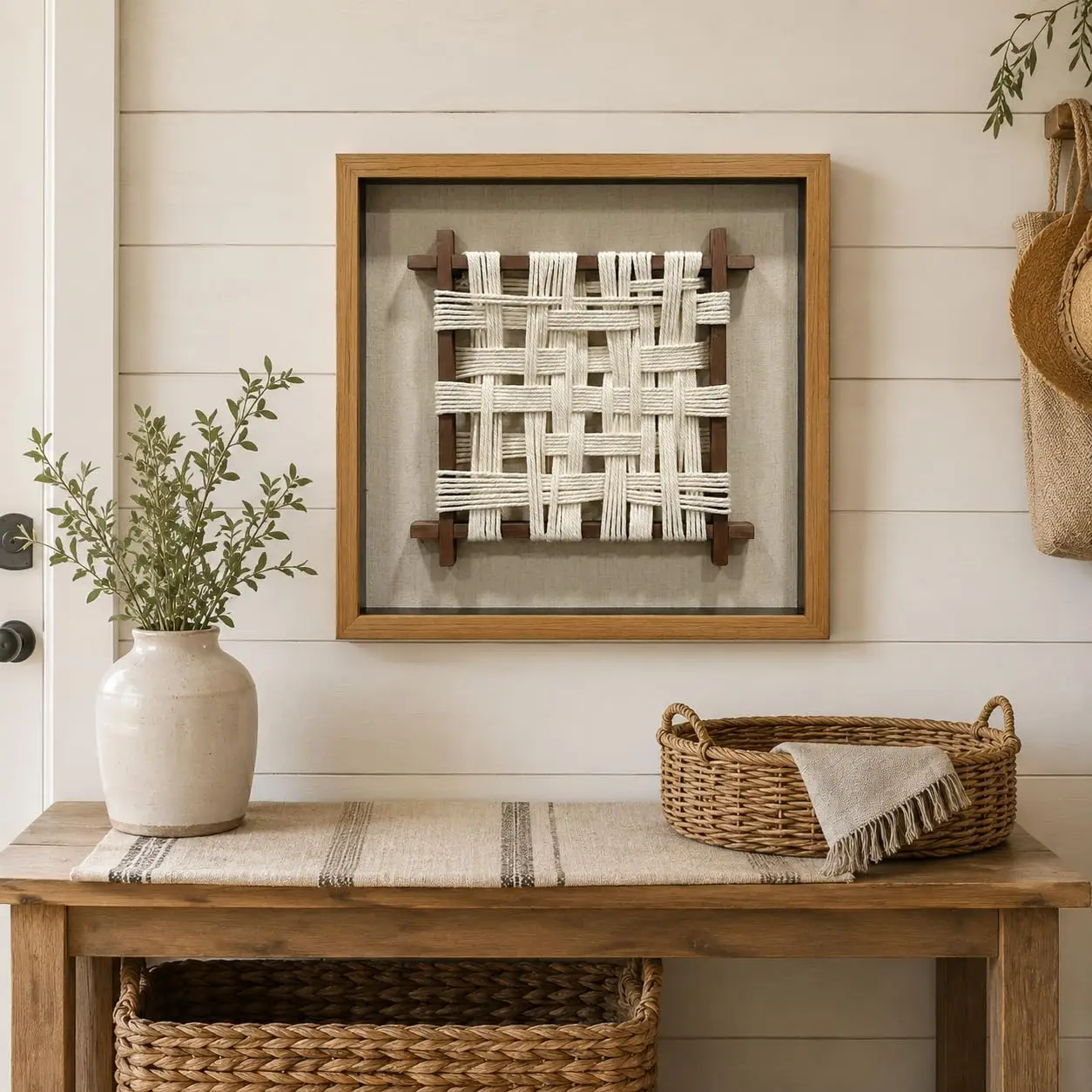 Hand-Woven Fiber Art Framed Cream Rope Grid Wall Decor | 100% handmade boho textile art piece adding cozy texture above living r