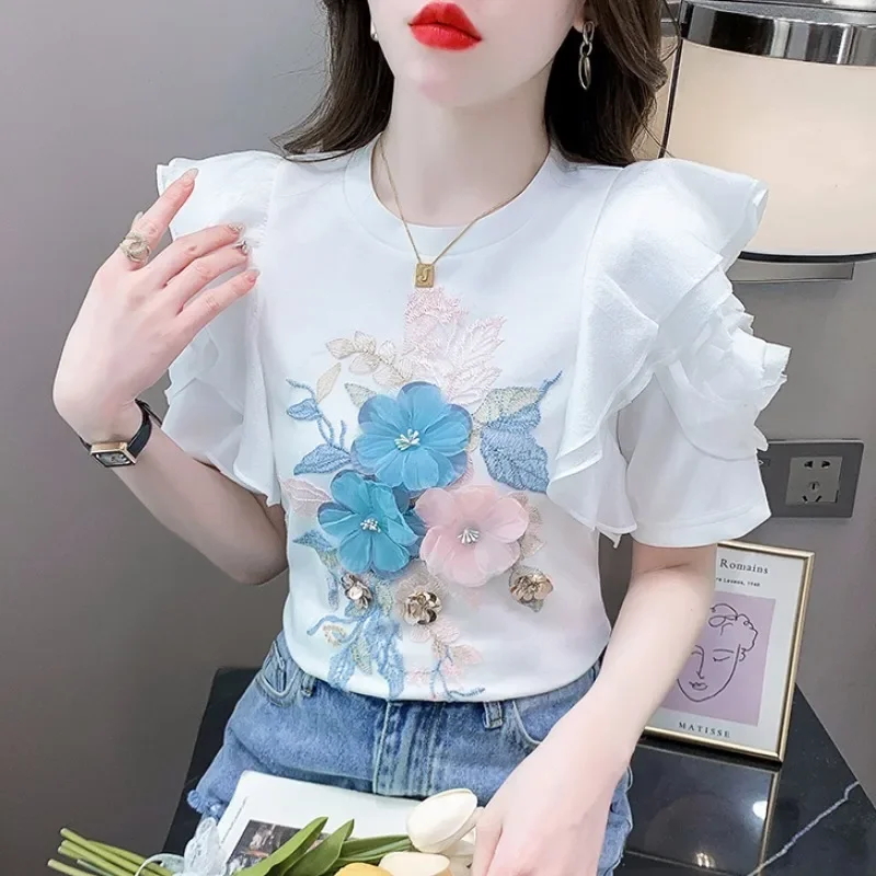 Ruffled White T-shirt Women\'s Short-Sleeved Floral Tshirt 2024 Summer New High-End Heavy Embroidery Flower Chic Top Tees ZL774