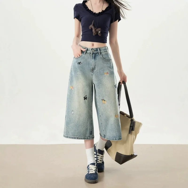 Y2K Cute Dog Embroidery Cropped Jeans Women Wide Leg Denim Culottes Loose Summer Streetwear Sweet Cool Ladies Denim Trousers