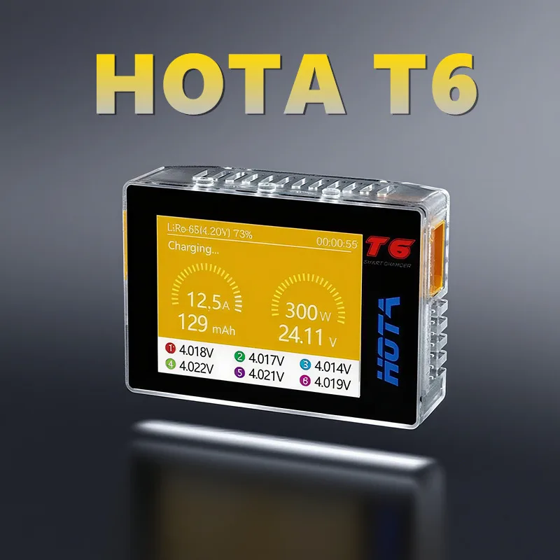 

Интеллектуальное балансное зарядное устройство HOTA T6 с двойным входом XT60/PD мощностью 300 Вт для радиоуправляемых автомобилей, поддержка протоколов быстрой зарядки PD3.0 и QC