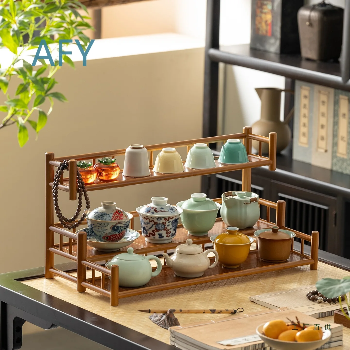 Teacup Rack for Chinese Style Small Curio Cabinet Tea Set Teapot Storage Stand Desktop Decor Vintage Display Shelf Organizer