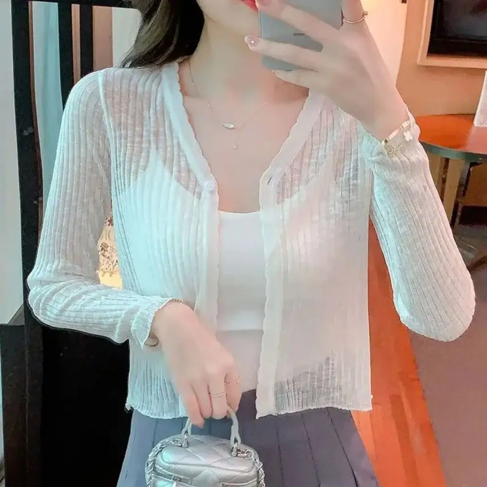 

Модная трикотажная рубашка приталенного кроя, укороченная, на пуговицах, с длинными рукавами, легкая, с защитой от солнца, летняя