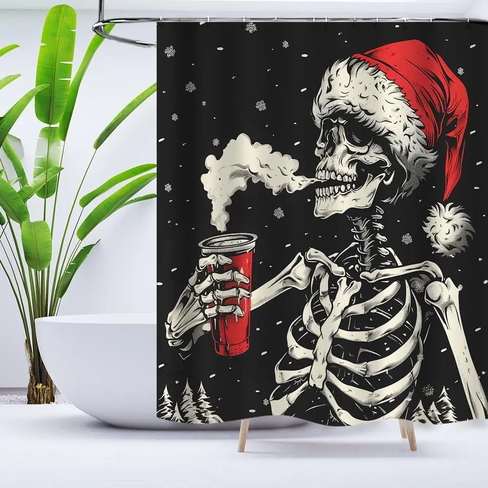 Merry Christmas Shower Curtain Funny Skull Skeleton in Santa Hat Drinking Mulled Wine Bathroom Curtains,Winter Merry Xmas Fabric